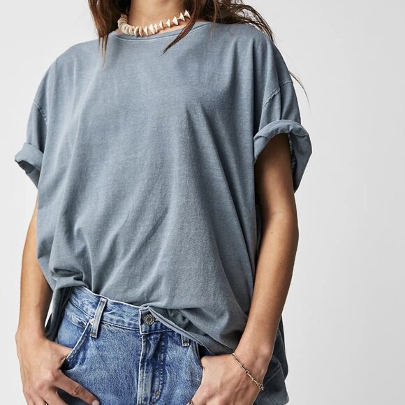 Free People - We The Free - Blue Mirage Crew Neck Raw Edge Seams Boxy Nina Tee - Picture 1 of 14